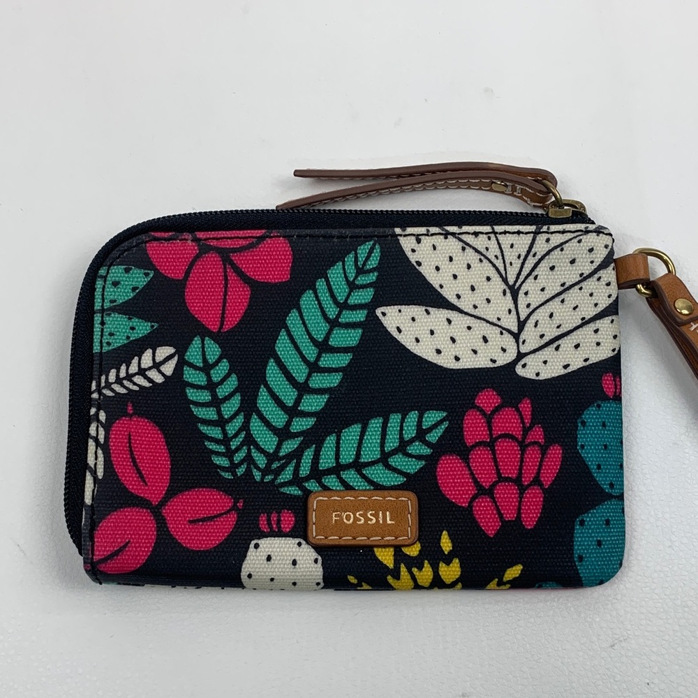 Fossil Women's Floral tropical Wallet Wristlet Black Pink Green Zip around NEW